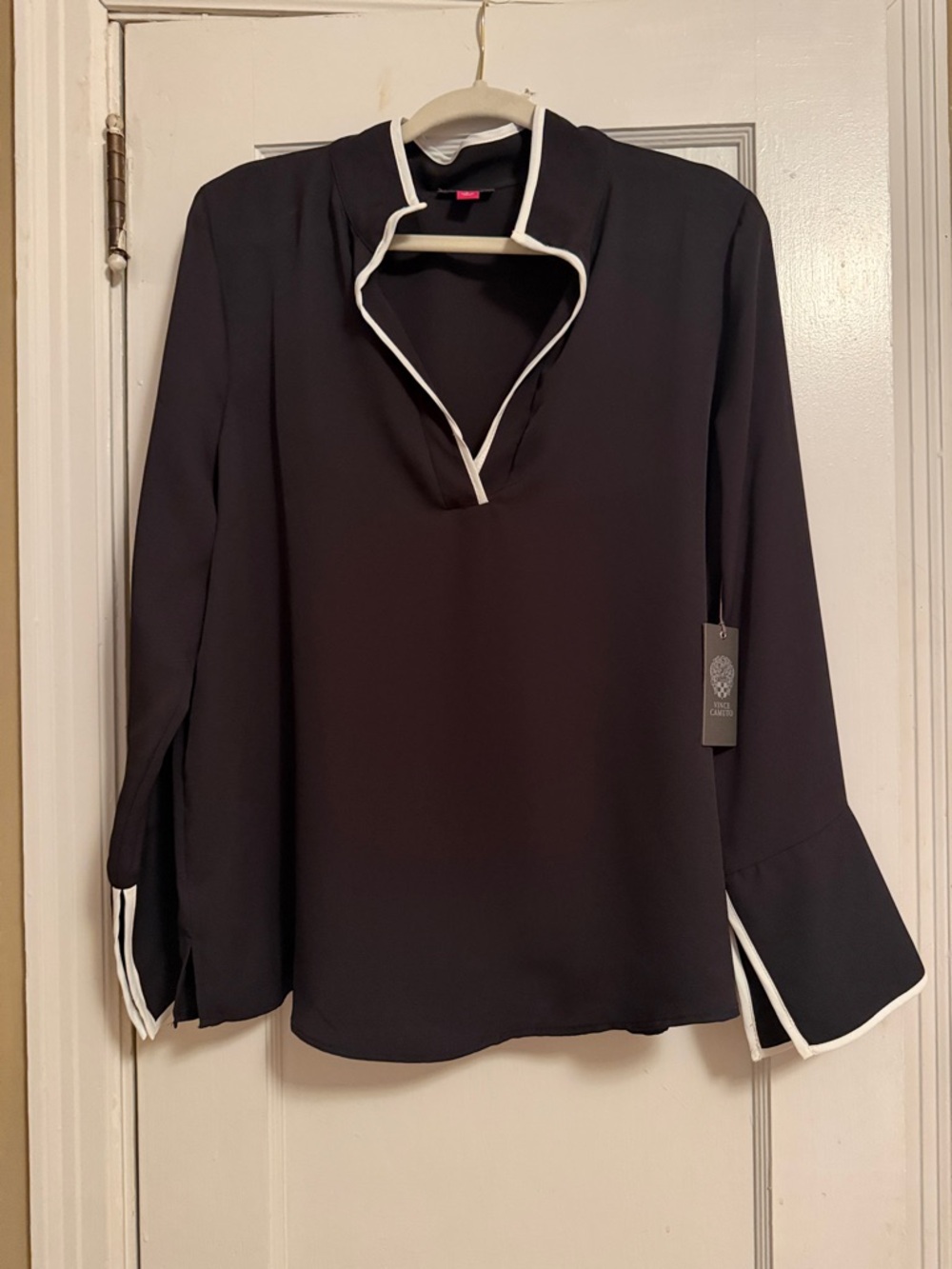 Vince Camuto Black Blouse with White Trimmed Collar and Cuffs